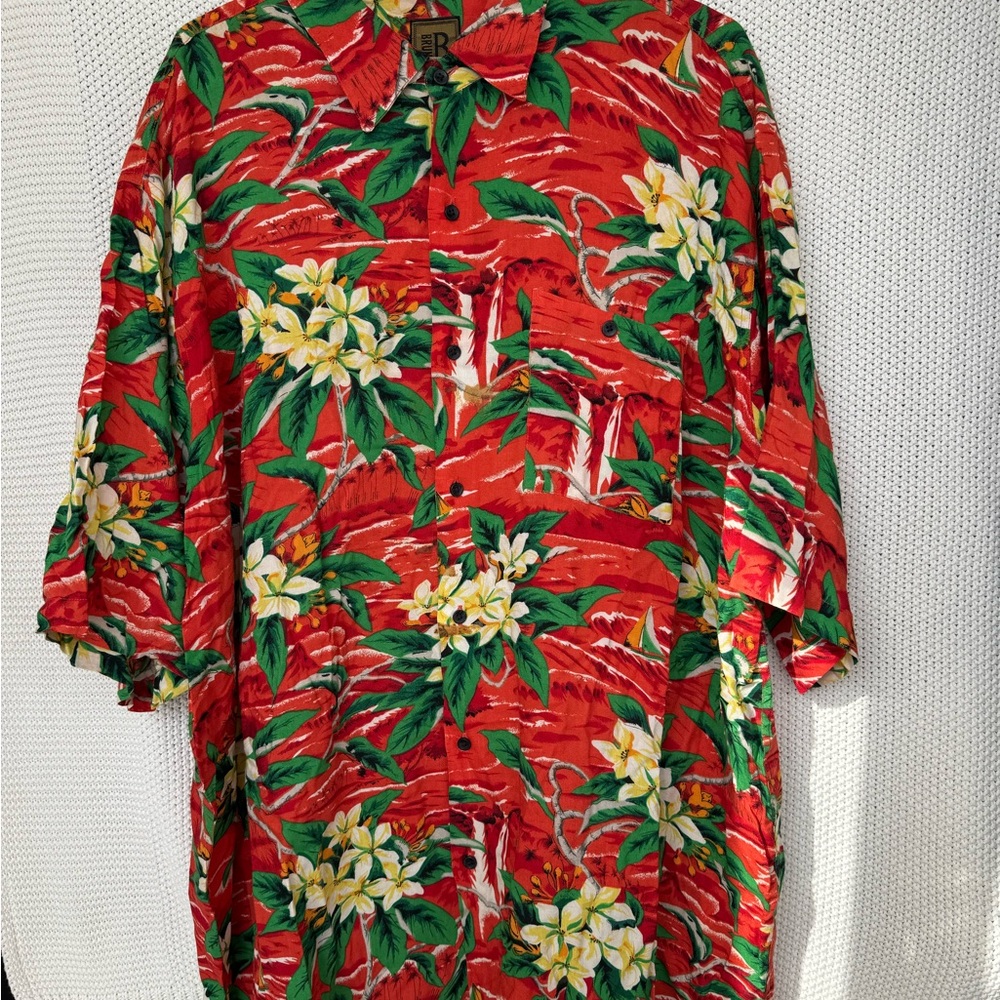 Bruno Tropical Hawaiian Shirt Red Floral Rayon Button Up Mens 2XL Tall